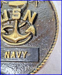 Vintage US Navy Wall Plaque Solid Brass Anchor USN Military 7.75 x 6.25