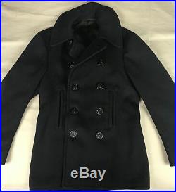 Vintage WWII 10 Button Pea Coat Chinstrap Corduroy Pockets SMALL Navy Naval Blue