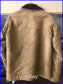 Vintage WWII US Navy N1 Deck Jacket with one-of-a-kind pin-up sketch, size S