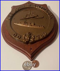 Vintage Wooden and Metal Navy Plaque, U. S. S. John W. Thomason DD-760, U. S. Navy