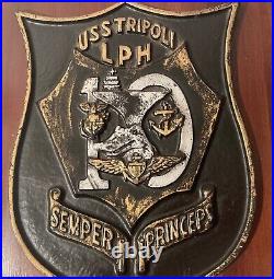 Vintage Wooden and Metal Navy Plaque, U. S. S. Tripoli LHA-10, U. S. Navy