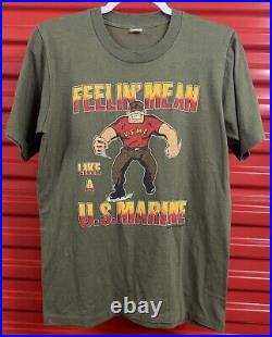 Vtg 80s Feelin Mean Like a US Marine T Shirt Size Medium 19x26 USMC 1986 Green