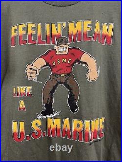 Vtg 80s Feelin Mean Like a US Marine T Shirt Size Medium 19x26 USMC 1986 Green