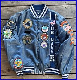 Vtg. US Navy XL Swingster Nylon Jacket, SEABEES Embroidered & 30+ Patches