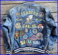 Vtg. US Navy XL Swingster Nylon Jacket, SEABEES Embroidered & 30+ Patches