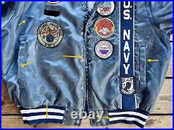 Vtg. US Navy XL Swingster Nylon Jacket, SEABEES Embroidered & 30+ Patches