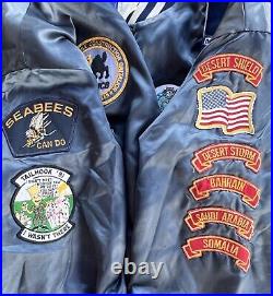 Vtg. US Navy XL Swingster Nylon Jacket, SEABEES Embroidered & 30+ Patches