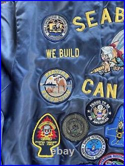 Vtg. US Navy XL Swingster Nylon Jacket, SEABEES Embroidered & 30+ Patches