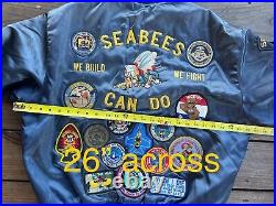 Vtg. US Navy XL Swingster Nylon Jacket, SEABEES Embroidered & 30+ Patches