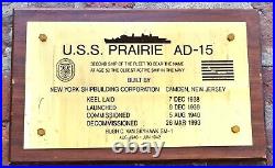 Vtg USS PRAIRIE (AD-15) Brass PLAQUE with Wood DESTROYER, Sign US NAVY