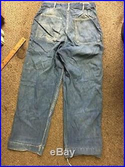 Vtg WWII USN Navy Denim Pants with Buttons Flap Faded Work Farm 1940's Deck Jeans