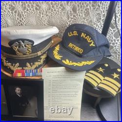 WW2 Navy Officers Captain Rank Cap With Retired Hat Shoulder Boards & Ribbons Pics