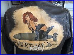 WW2 VT-169 US Navy Brown Leather Bomber Flight Jacket Hand Painted Pin Up Girl
