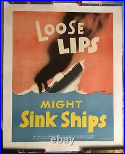 WWII WW2 Original War Poster Loose Lips Might Sink Ships Seagram Navy Home Front
