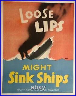 WWII WW2 Original War Poster Loose Lips Might Sink Ships Seagram Navy Home Front