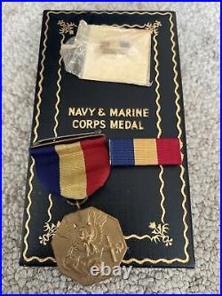 WWII Wrap Brooch Navy & Marine Corps Medal With Box, Ribbon & Lapel