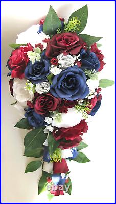 Wedding bouquets 17 piece package Bridal bouquet flowers BURGUNDY NAVY BLUE set