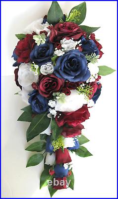 Wedding bouquets 17 piece package Bridal bouquet flowers BURGUNDY NAVY BLUE set