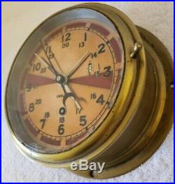 Working 1944 WWII Chelsea Clock U. S. Navy Brass Porthole'Radio Room' Ship Clock